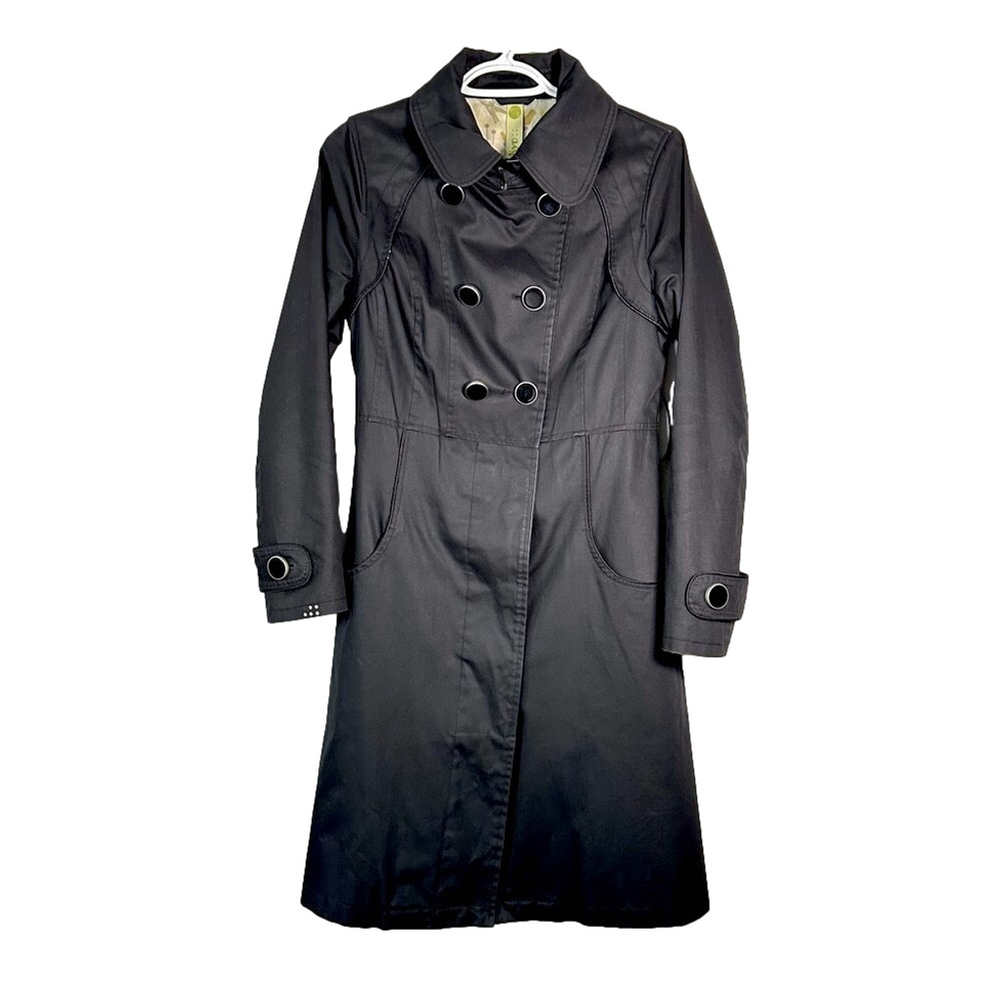 Soia & Kyo Black Double Breasted Trench Coat Lined Knee Length No Belt Small